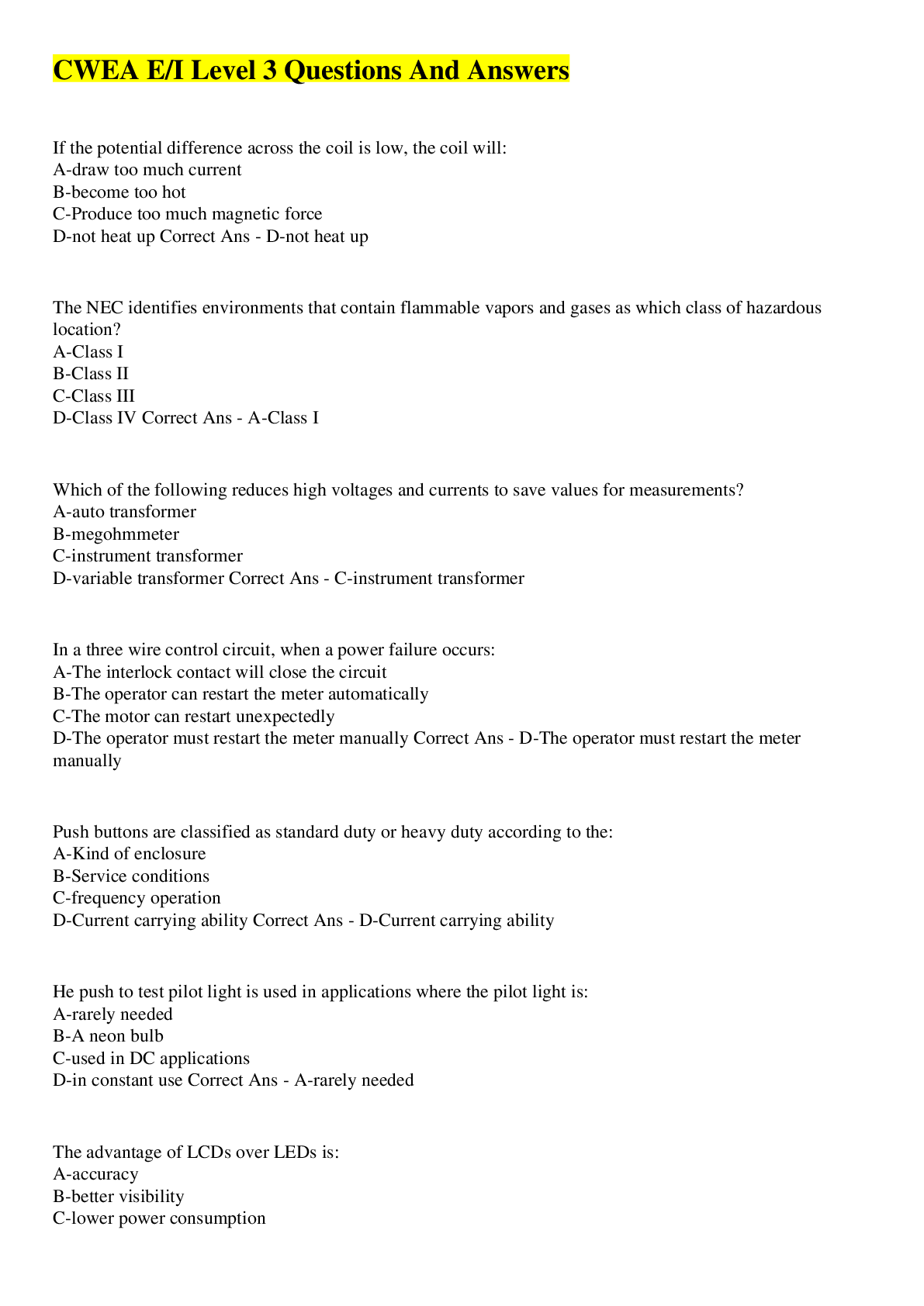 Preview image for CWEA E/I Level 3 Questions And Answers